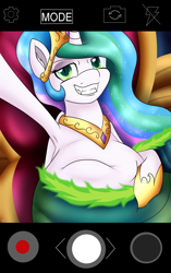 Size: 2200x3500 | Tagged: safe, artist:novaspark, princess celestia, queen chrysalis, art pack:no nom november, g4, belly, big belly, bulges, chrysalispred, disguise, disguised changeling, fangs, grin, high res, post-vore, preylestia, replaced, selfie, shapeshifting, smiling, smiling at you, transformation, victorious villain, vore