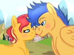 Size: 1280x960 | Tagged: dead source, safe, artist:estories, artist:themune, flash sentry, sunset shimmer, pegasus, pony, unicorn, g4, bedroom eyes, blushing, duo, female, looking at each other, male, mare, nuzzling, ponyville, ship:flashimmer, shipping, stallion, straight