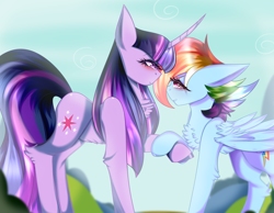 Size: 2928x2268 | Tagged: safe, artist:tayblossom, rainbow dash, twilight sparkle, pegasus, pony, unicorn, g4, chest fluff, female, high res, hoof hold, lesbian, ship:twidash, shipping, size difference, unicorn twilight