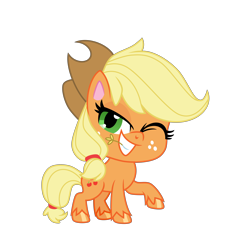 Size: 6200x6048 | Tagged: safe, artist:emeraldblast63, applejack, earth pony, pony, g4, g4.5, my little pony: pony life, chibi, cowboy hat, cute, cute smile, g4 to g4.5, hat, one eye closed, raised hoof, simple background, straw in mouth, transparent background, vector, wink, winking at you