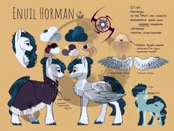 Size: 1920x1440 | Tagged: safe, artist:alrumoon_art, oc, oc only, oc:enuil horman, pegasus, pony, barrette, cloak, clothes, hairstyle, male, redesign, reference sheet, size difference, solo, watermark, wings