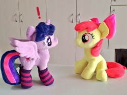 Size: 1024x768 | Tagged: safe, artist:nekokevin, apple bloom, twilight sparkle, alicorn, earth pony, pony, g4, 4de, clothes, duo, exclamation point, female, filly, irl, looking at each other, mare, photo, plushie, ponies in socks, sitting, smiling, socks, spread wings, starlight's little twibird, striped socks, twilight sparkle (alicorn), wings