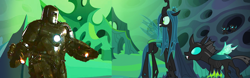 Size: 2314x720 | Tagged: safe, edit, edited screencap, screencap, queen chrysalis, thorax, changeling, changeling queen, g4, to where and back again, arc reactor, armor, changeling hive, crossover, crystal wings, female, iron man, looking at each other, male, mark 1, marvel, marvel cinematic universe, wings