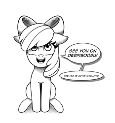 Size: 1026x1100 | Tagged: safe, artist:dibujito, apple bloom, earth pony, pony, derpibooru, g4, adorabloom, bow, cute, dialogue, female, filly, manga style, meta, monochrome, sitting, smiling at you, solo, speech bubble