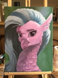 Size: 960x1280 | Tagged: safe, artist:nafrost, silverstream, classical hippogriff, hippogriff, g4, bust, cheek fluff, ear fluff, female, fluffy, irl, lidded eyes, looking at you, neck fluff, painting, photo, smiling, solo, traditional art