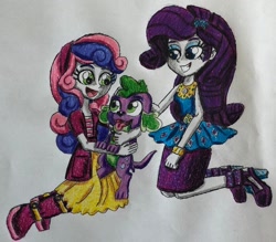 Size: 1024x897 | Tagged: safe, artist:bozzerkazooers, rarity, spike, spike the regular dog, sweetie belle, dog, equestria girls, g4, belle sisters, boots, clothes, dress, high heels, jacket, looking at each other, open mouth, petting, shoes, siblings, simple background, sitting, skirt, smiling, tongue out, traditional art, white background