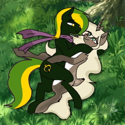 Size: 768x768 | Tagged: safe, artist:theuzbee, edit, oc, oc only, oc:vermont black, oc:virgin bloom, earth pony, pony, unicorn, clothes, female, looking at each other, lying down, mare, oc x oc, on back, phi, scarf, shipping, smiling, stallion