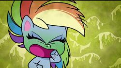 Size: 720x404 | Tagged: safe, screencap, rainbow dash, pegasus, pony, g4.5, my little pony: pony life, pinkie pie: hyper-helper, coughing, female, green background, green face, mare, mucus, poor rainbow dash, sick, sickbow dash, simple background, solo