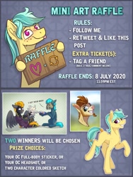 Size: 1600x2124 | Tagged: safe, artist:helmie-art, oc, oc:karoline skies, bat pony, earth pony, pegasus, pony, abstract background, cute, female, giveaway, holding a sign, looking at you, meta, raffle, text, tongue out, twitter