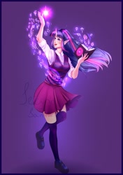 Size: 1280x1823 | Tagged: safe, artist:second-can, twilight sparkle, human, g4, book, clothes, elf ears, female, horn, horned humanization, humanized, magic, shirt, skirt, solo, sweater