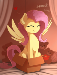 Size: 1400x1845 | Tagged: safe, artist:yakovlev-vad, edit, editor:gamedevanon, fluttershy, pegasus, pony, :t, bed, behaving like a cat, box, cute, daaaaaaaaaaaw, eyes closed, female, floating heart, happy, heart, hnnng, if i fits i sits, mare, onomatopoeia, plushie, pony in a box, shyabetes, sitting, smiling, solo, spread wings, squeak, squee, sweet dreams fuel, teddy bear, weapons-grade cute, wings