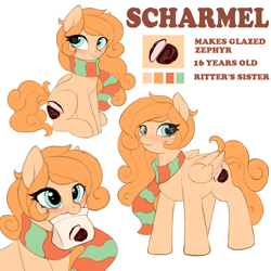 Size: 3600x3600 | Tagged: safe, artist:ritter, oc, oc only, oc:scharmel, pegasus, pony, clothes, food, heart eyes, high res, looking at you, marshmallow, mouth hold, nom, reference sheet, scarf, sitting, solo, wingding eyes