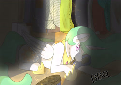 Size: 5016x3541 | Tagged: safe, artist:wirlog, princess celestia, alicorn, pony, g4, bad pony, behaving like a dog, caught, chewing, closet, clothes, darkness, eating, female, lighting, mare, prone, slippers, solo