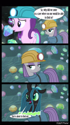 Size: 1288x2282 | Tagged: safe, edit, edited screencap, editor:teren rogriss, screencap, maud pie, queen chrysalis, starlight glimmer, changeling, changeling queen, earth pony, pony, unicorn, g4, rock solid friendship, aurekbesh script, cave, changeling magic, disguise, disguised changeling, female, gem cave, hard hat, helmet, mining helmet, shapeshifting, this will end in death, this will end in tears, this will end in tears and/or death, transformation