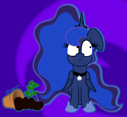 Size: 1618x1484 | Tagged: safe, artist:puperhamster, princess luna, alicorn, cat, cat pony, original species, pony, g4, abstract background, bell, bell collar, blushing, collar, female, flower pot, solo