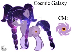 Size: 1024x726 | Tagged: safe, artist:savannah-london, oc, oc only, oc:cosmic galaxy, earth pony, pony, coat markings, cutie mark, deviantart watermark, ethereal mane, freckles, galaxy eye, galaxy mane, galaxy tail, logo, obtrusive watermark, pigtails, simple background, socks (coat markings), solo, watermark, white background