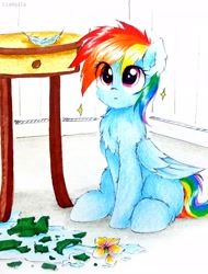 Size: 2322x3061 | Tagged: safe, artist:liaaqila, rainbow dash, pegasus, pony, bad pony, behaving like a cat, broken vase, chest fluff, cute, dashabetes, feather, female, flower, flower pot, pure unfiltered evil, sitting, solo, sparkles, traditional art