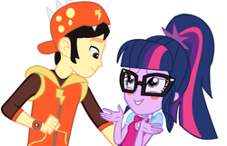 Size: 1956x1260 | Tagged: safe, artist:mlpandboboiboyfan, edit, sci-twi, twilight sparkle, oc, equestria girls, g4, blushing, boboiboy, canon x oc, cap, clothes, duo, face to face, glasses, hat, jacket, ribbon, vector