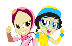 Size: 1550x1000 | Tagged: source needed, safe, artist:mlpandboboiboyfan, equestria girls, g4, base used, beanie, boboiboy, crossover, duo, duo female, female, flower, grin, hat, hijab, malaysia, ponytails, simple background, smiling, together, vector, white background, yaya, ying(boboiboy)