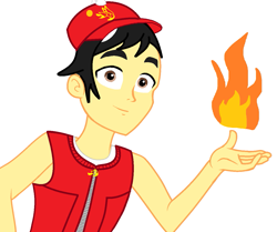 Size: 1227x1024 | Tagged: safe, artist:mlpandboboiboyfan, edit, oc, equestria girls, g4, black hair, boboiboy, boboiboy api, brown eyes, cap, clothes, fire, hat, jacket, looking at you, simple background, smiling, vector, white background