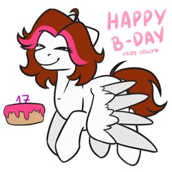 Size: 2000x2000 | Tagged: safe, artist:jellysketch, oc, oc only, pegasus, pony, birthday, birthday cake, birthday gift, cake, cute, food, high res, simple background, smiling, solo