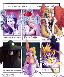 Size: 1705x2048 | Tagged: safe, artist:magnetichollow, rarity, human, jolteon, pony, rabbit, unicorn, anthro, g4, amputee, animal, anthro with ponies, brush, bunnie rabbot, clothes, crossover, eri, glowing horn, hat, hooves to the chest, horn, jacket, keigo takami, magic, male, my hero academia, pokémon, prosthetic limb, prosthetics, sitting, six fanarts, sonic the hedgehog (series), telekinesis, vampire hunter, witch hat