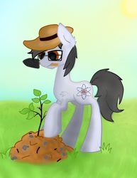 Size: 797x1034 | Tagged: safe, artist:leftover4444, oc, oc only, oc:silver bristle, earth pony, pony, cutie mark, day, digital art, glasses, grass, ground, heat, male, mouth hold, planting, solo, stallion, sun, tree