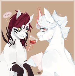 Size: 1080x1091 | Tagged: safe, artist:sugarr.hound, oc, oc only, bicorn, vampire, vampony, ..., duo, fangs, glass, glowing horn, horn, leonine tail, magic, multiple horns, smiling, telekinesis, wine glass
