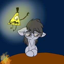 Size: 860x860 | Tagged: safe, artist:enotpsix, oc, oc:silver bristle, earth pony, pony, bill cipher, crossover, glasses, gravity falls, looking down, male, simple background, stallion, table