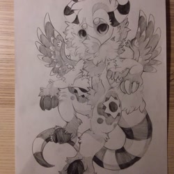 Size: 1080x1080 | Tagged: safe, artist:c_owokie, oc, oc only, original species, cloven hooves, fluffy, grayscale, horn, monochrome, solo, traditional art, wings