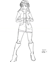 Size: 905x1131 | Tagged: safe, artist:killofkama, sunset shimmer, human, g4, boots, clothes, female, high heel boots, humanized, jacket, lineart, monochrome, shoes, shorts, solo