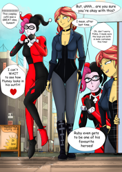 Size: 4165x5890 | Tagged: safe, artist:symptom99, pinkie pie, sunset shimmer, oc, equestria girls, g4, black canary, canon x oc, clothes, comic, cosplay, costume, dc comics, harley quinn, implied oc