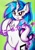 Size: 1448x2048 | Tagged: safe, alternate version, artist:canvymamamoo, dj pon-3, vinyl scratch, pony, unicorn, semi-anthro, g4, :p, arm hooves, belly button, bipedal, blushing, chest fluff, ear fluff, female, green background, japanese, looking at you, mare, raised hoof, simple background, smiling, solo, sunglasses, text, tongue out, underhoof