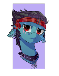 Size: 1801x2347 | Tagged: safe, artist:tomat-in-cup, oc, oc only, earth pony, pony, bandana, bust, collar, ear piercing, earring, earth pony oc, eye scar, floppy ears, jewelry, piercing, scar, simple background, solo, spiked collar, transparent background