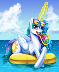 Size: 1200x1460 | Tagged: safe, artist:johnjoseco, princess celestia, alicorn, pony, g4, blushing, cloud, cute, cutelestia, drink, drinking, female, floaty, glowing horn, happy, hooves in the water, horn, inflatable, looking at you, magic, mare, open mouth, pool toy, solo, summer, sunglasses, telekinesis, tube, water, wet mane