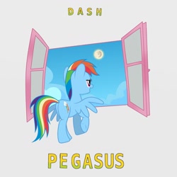 Size: 1280x1280 | Tagged: safe, artist:grapefruitface1, rainbow dash, pegasus, pony, g4, 80s, album cover, butt, female, genesis, mare in the moon, moon, parody, plot, ponified, ponified album cover, show accurate, solo, window