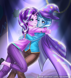 Size: 700x776 | Tagged: safe, artist:racoonsan, color edit, edit, editor:drakeyc, starlight glimmer, trixie, human, g4, no second prances, cape, clothes, coat, colored, crossed horns, cute, equestria girls edit, female, hat, horn, horned humanization, horns are touching, hug, humanized, lesbian, one eye closed, pants, patreon, scene interpretation, ship:startrix, shipping, skin color edit, smiling, trixie's cape, trixie's hat, wizard, wizard hat