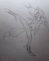 Size: 774x968 | Tagged: safe, artist:0pika-chan0, applejack, earth pony, anthro, unguligrade anthro, g4, clothes, fanfic art, female, insanity, kicking, lineart, solo, traditional art