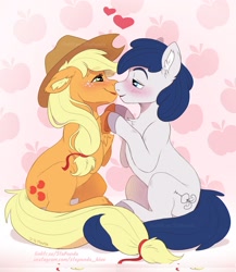 Size: 1944x2244 | Tagged: safe, artist:stepandy, applejack, oc, oc:constance everheart, earth pony, pony, g4, blushing, canon x oc, everjack, female, hat, heart eyes, kissing, lidded eyes, looking at each other, male, mare, shipping, stallion, straight, wingding eyes