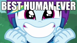 Size: 1280x720 | Tagged: safe, edit, edited screencap, screencap, rainbow dash, equestria girls, g4, my little pony equestria girls: better together, sic skateboard, best human, best pony, caption, clenched fist, close-up, helmet, image macro, rainbow dash is amused, rainbow dash is best facemaker, smiling, text