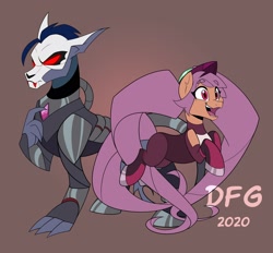 Size: 1920x1778 | Tagged: safe, artist:dragonfoxgirl, earth pony, hybrid, pony, brown background, duo, entrapta, female, hordak, male, mare, ponified, she-ra and the princesses of power, simple background, stallion