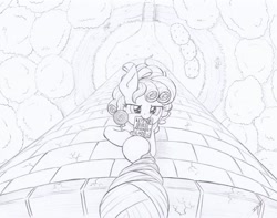 Size: 1024x806 | Tagged: safe, artist:xeviousgreenii, cozy glow, pony, g4, atg 2020, candy, card, food, lollipop, monochrome, mouth hold, newbie artist training grounds, offscreen character, pov, pun, rapunzel, rope, tower, traditional art