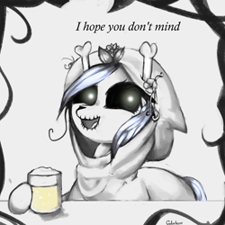 Size: 2000x2000 | Tagged: safe, artist:colochenni, skellinore, skeleton pony, g4, the break up breakdown, alcohol, beer, bone, drawthread, flower, grayscale, high res, hood, mari lwyd, monochrome, skeleton, text, tradition