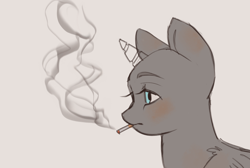 Size: 2972x2000 | Tagged: safe, artist:klooda, pony, advertisement, blushing, bust, cigarette, commission, female, high res, lidded eyes, mare, portrait, simple background, smoke, smoking, solo, stare