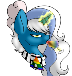 Size: 673x711 | Tagged: safe, artist:jaythemonstrosity, oc, oc only, oc:fleurbelle, alicorn, pony, alicorn oc, bow, bust, clothes, drink, drinking, female, glass, hair bow, horn, looking at you, magic, mare, pride, pride flag, scarf, simple background, solo, straight ally flag, transparent background, yellow eyes