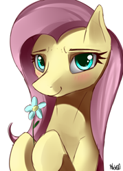 Size: 1500x2100 | Tagged: safe, artist:nixworld, fluttershy, pegasus, pony, g4, bust, cel shading, cute, eyelashes, female, flower, looking at you, mane, mare, signature, simple background, smiling, smiling at you, solo, white background