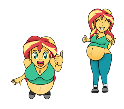 Size: 951x839 | Tagged: safe, artist:foxtide888, artist:pacificside18, sunset shimmer, equestria girls, g4, belly, belly button, big belly, big breasts, breasts, chibi, cleavage, clothes, doodle, doodles, female, looking at you, looking up, pants, pregnant, pregnant equestria girls, shirt, shoes, simple background, socks, solo, sunset preggers, thumbs up, transparent background