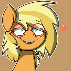 Size: 500x500 | Tagged: safe, artist:koportable, applejack, earth pony, pony, g4, adorkable, alternate hairstyle, applejackasks, bedroom eyes, bust, cute, dork, eyebrows, eyebrows visible through hair, female, floating heart, freckles, glasses, grin, heart, jackabetes, looking at you, mare, portrait, smiling, solo