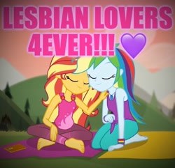 Size: 633x609 | Tagged: safe, edit, edited screencap, screencap, rainbow dash, sunset shimmer, equestria girls, g4, my little pony equestria girls: better together, wake up!, wake up!: rainbow dash, caption, cute, eyes closed, feet, female, heart, image macro, lesbian, shipping, smiling, sunsetdash, text