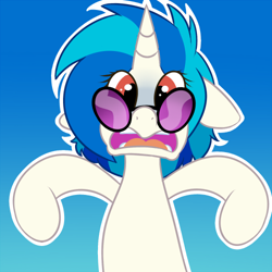 Size: 500x500 | Tagged: safe, artist:koportable, dj pon-3, vinyl scratch, pony, unicorn, g4, blue background, female, floppy ears, gradient background, mare, open mouth, red eyes, shocked, shocked expression, simple background, solo, startled, sunglasses, upper body, wrong eye color